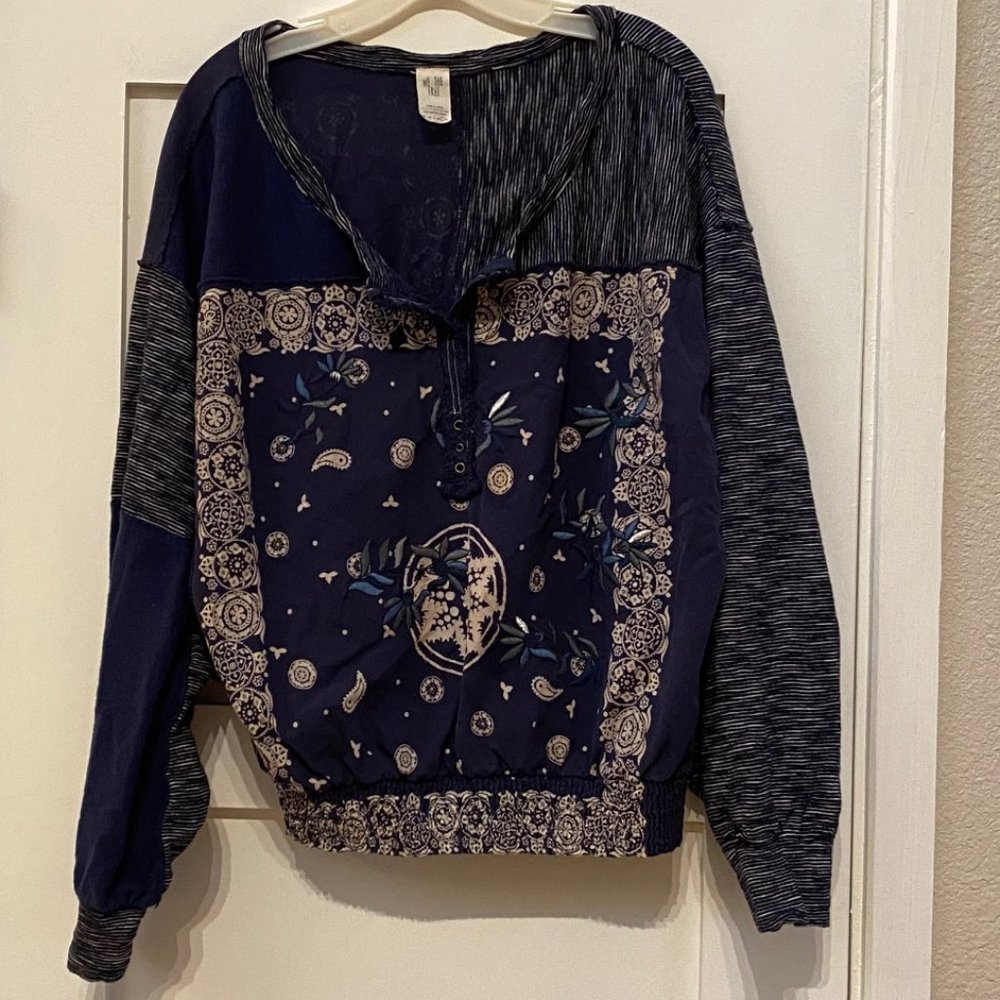 Free People WTF Oversized Blue Boho Top L